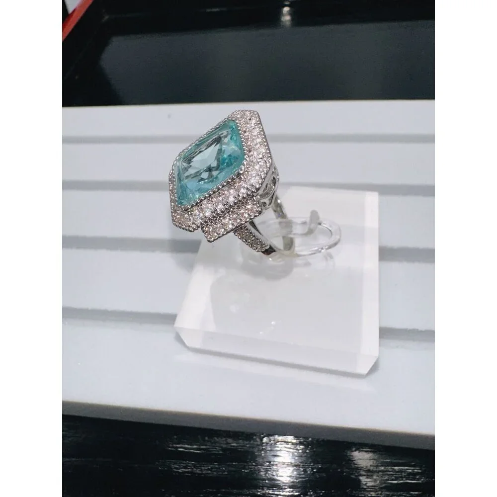 Aquamarine Cubic Zirconia White Crystal Ring Size 10